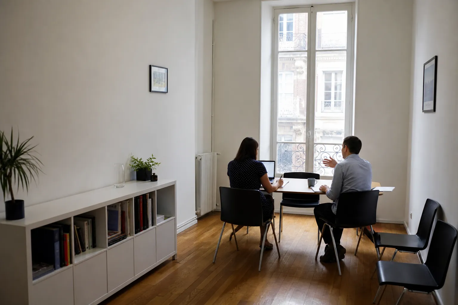 Vue large d’un bureau lyonnais où se tient un cours particulier d’anglais pour adulte