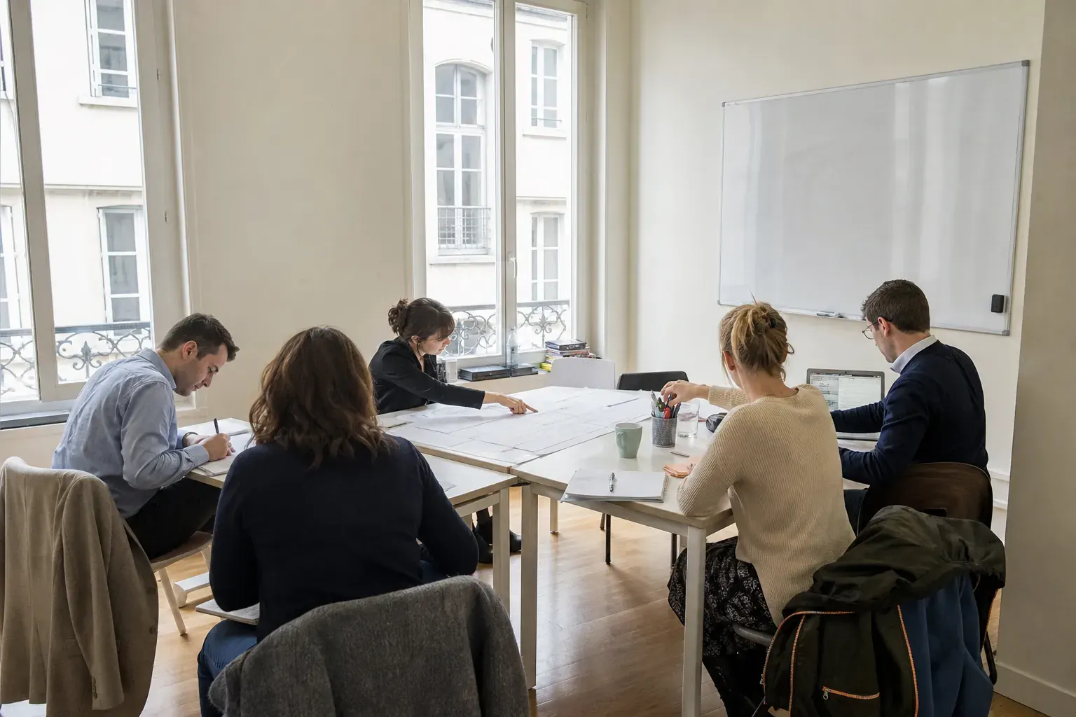 Petit groupe d’adultes au travail pendant une séance d’anglais dans une salle claire