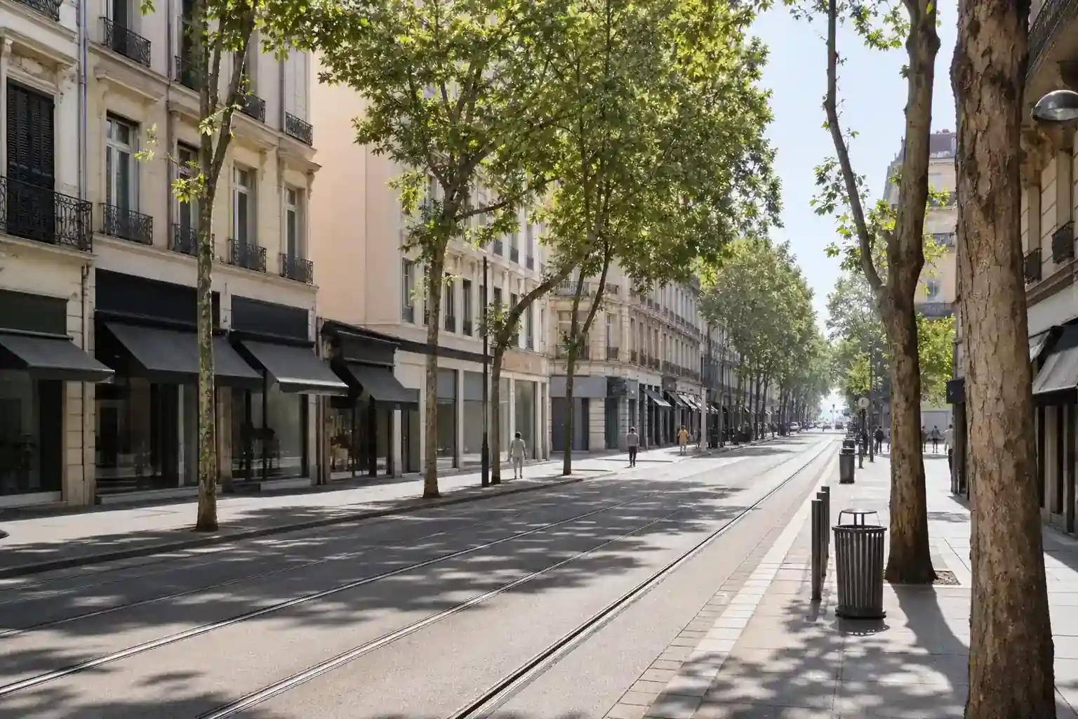 Avenue ordinaire de la métropole lyonnaise en journée, rails de tramway et façades claires