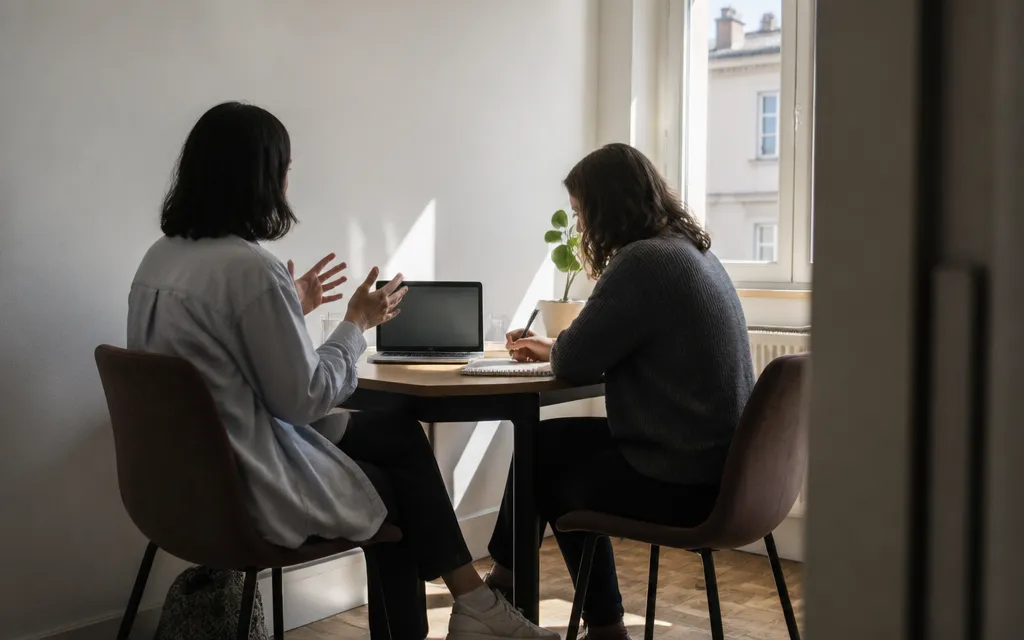 Cours particulier d’anglais entre deux adultes autour d’un ordinateur portable