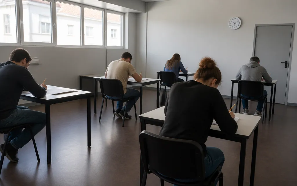 Adultes installés à des tables individuelles pendant une épreuve de certification d’anglais