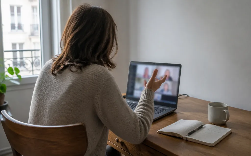 Adulte suivant un cours d’anglais en visioconférence depuis son bureau