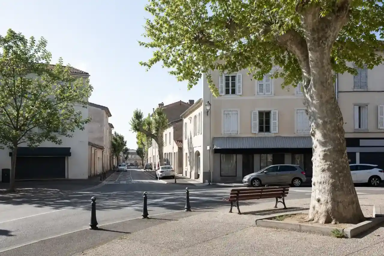 Centre-bourg de Mions, place plantée de platanes et maisons basses