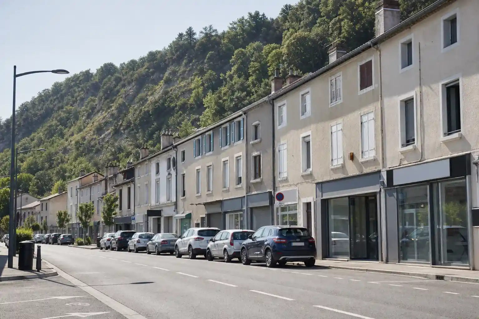 Rue principale de Miribel au pied de la Côtière, immeubles clairs et coteau boisé